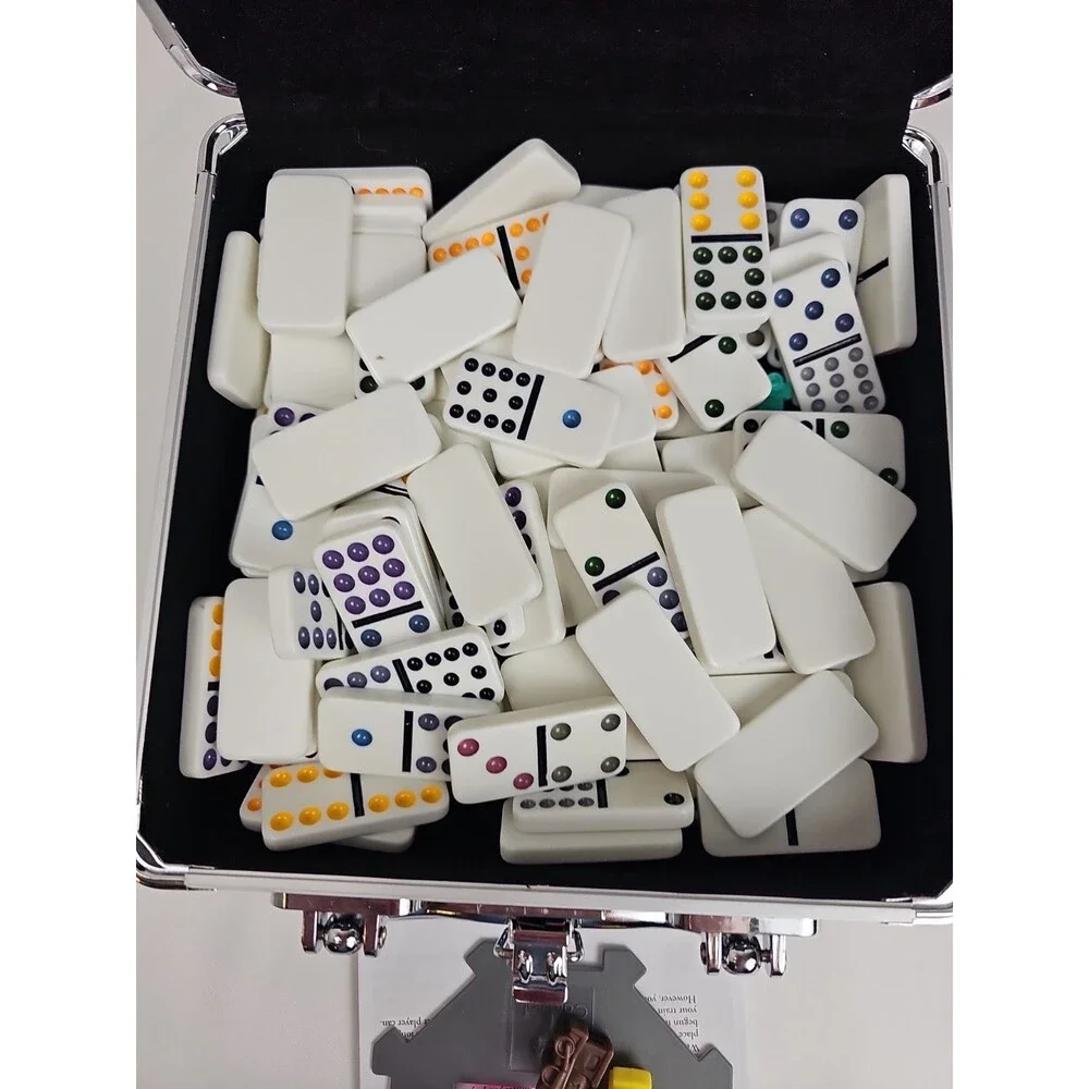 Double 12 Colored Dot Dominoes Mexican Train Game with Aluminum Case - 91 Tiles